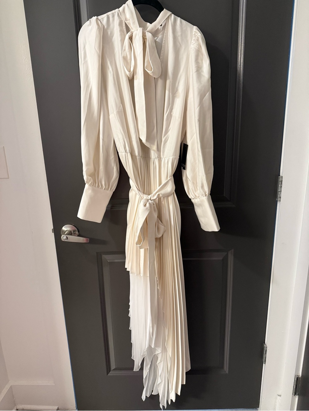 Eloquii Elegant Cream Pleated Tie-Neck Asymmetrical Midi Dress